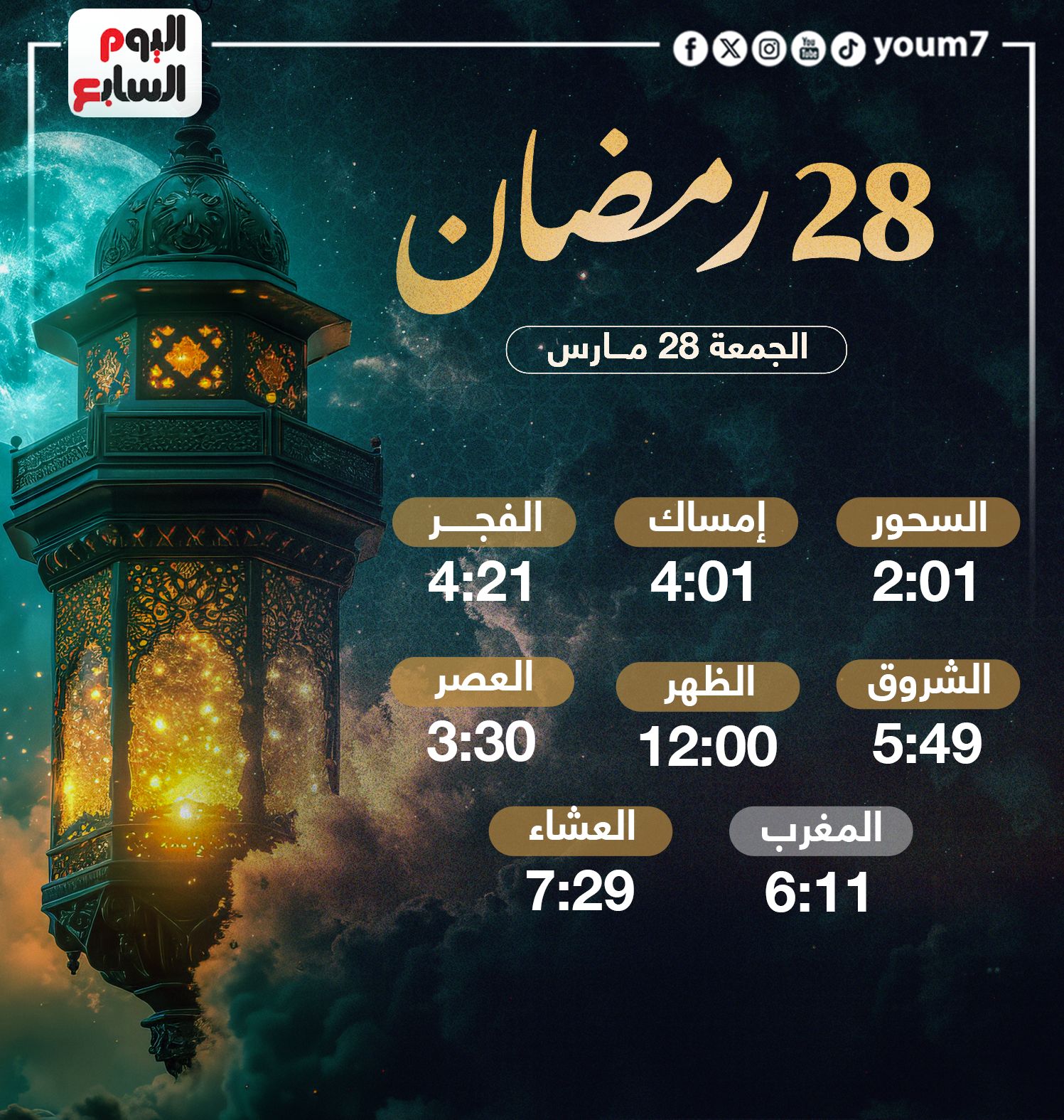 موعد الإفطار وعدد ساعات الصيام فى اليوم الـ28 من شهر رمضان 2025