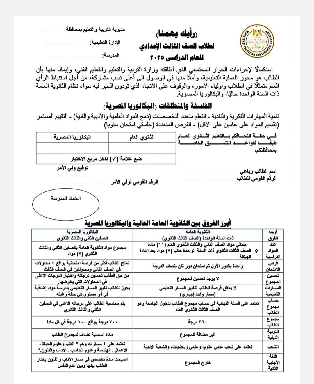 وزارة التعليم تطرح استبيانا لاستطلاع رأى طلاب الإعدادية حول البكالوريا.. غدا