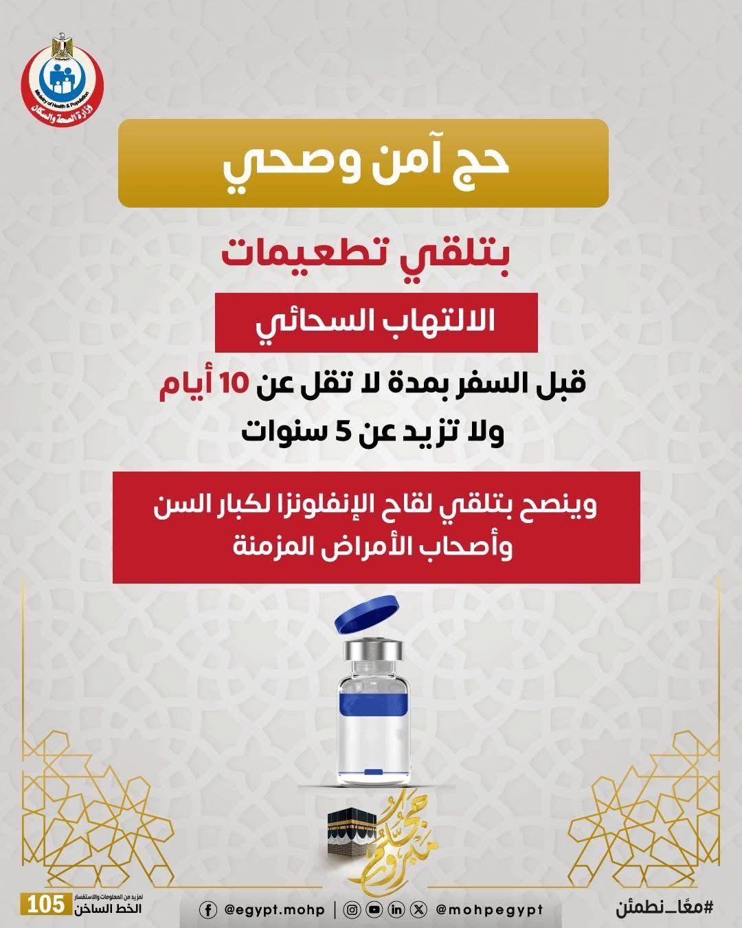 وزارة الصحة توجة رسالة عاجلة حول التطعيمات للرغبين فى أداء مناسك الحج