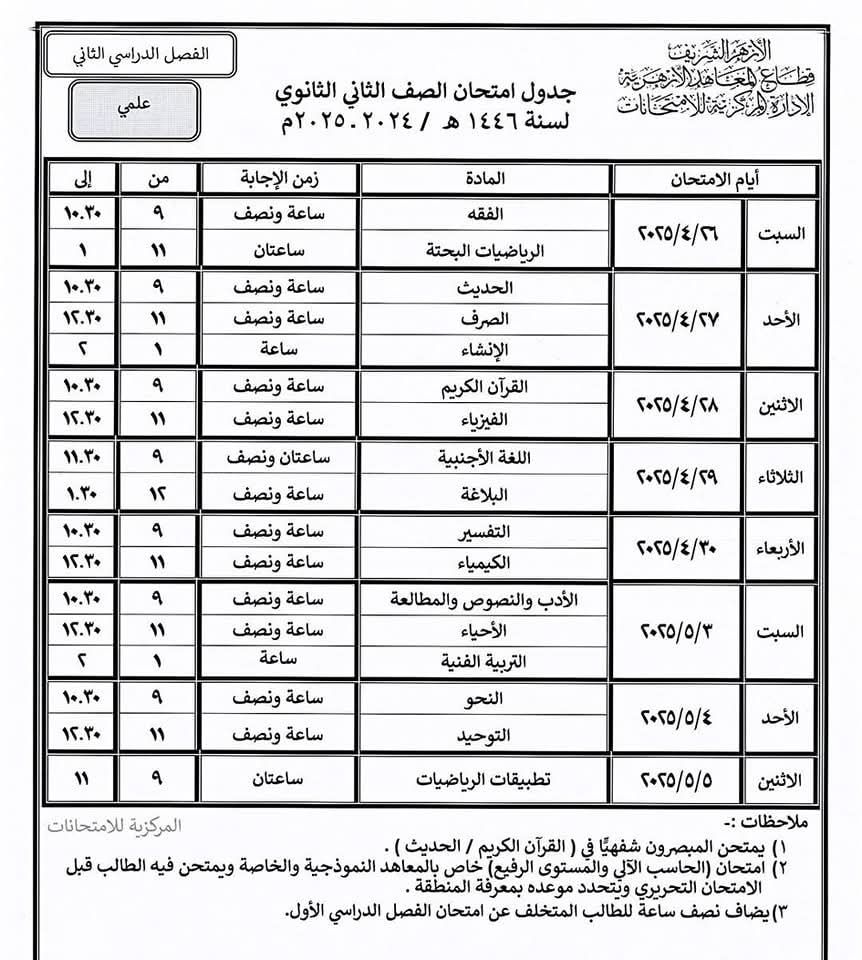 الجداول الصحيحة لامتحانات النقل والشهادتين الابتدائية والإعدادية الأزهرية