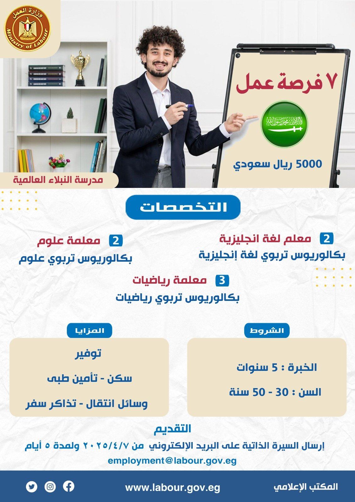 وزير العمل يعلن عن فرص عمل للمُعلمين بالسعودية براتب 5000 ريال شهريا