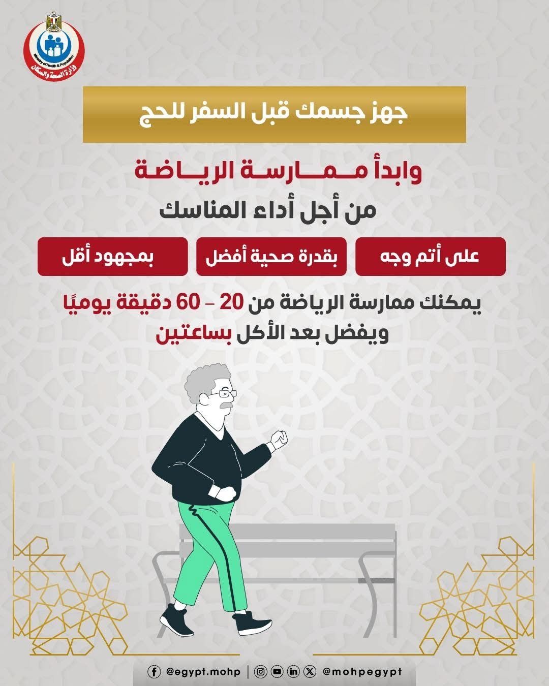 وزارة الصحة توجة نصيحة هامة للمسافرين لأداء مناسك الحج.. إنفوجراف