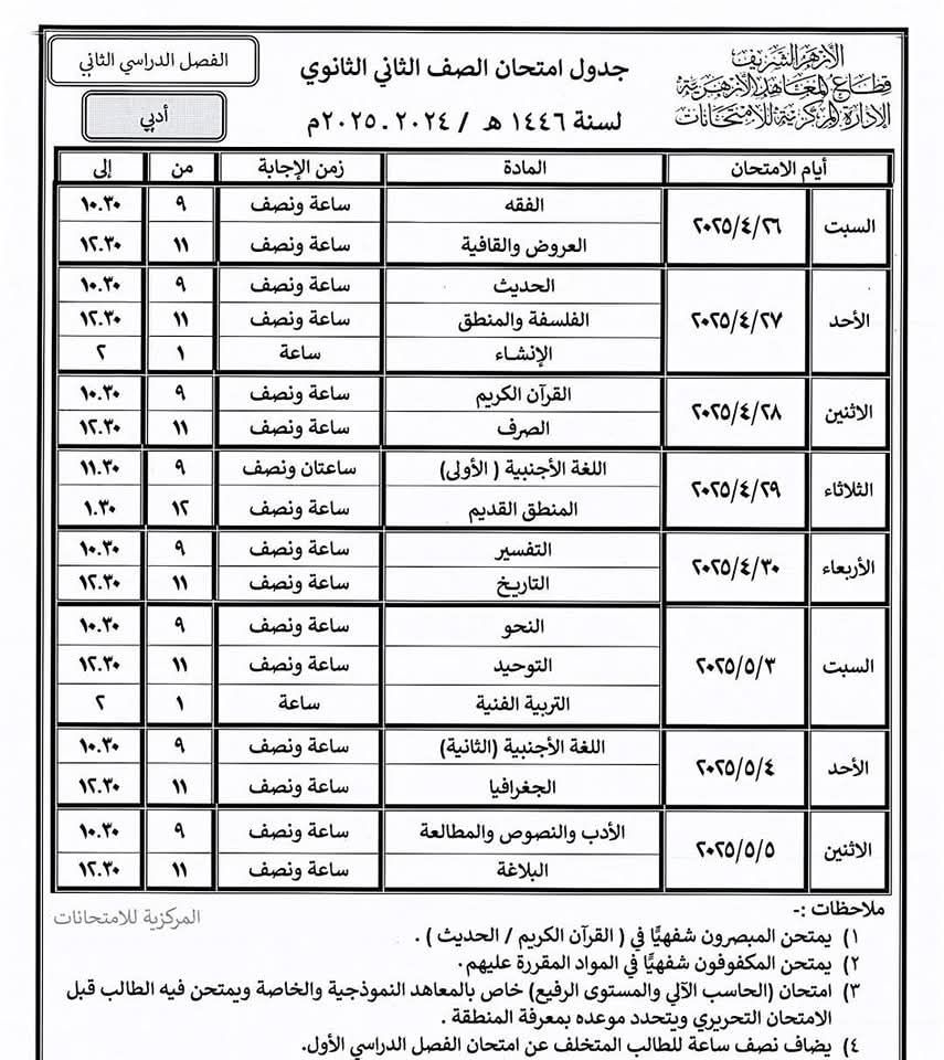الجداول الصحيحة لامتحانات النقل والشهادتين الابتدائية والإعدادية الأزهرية