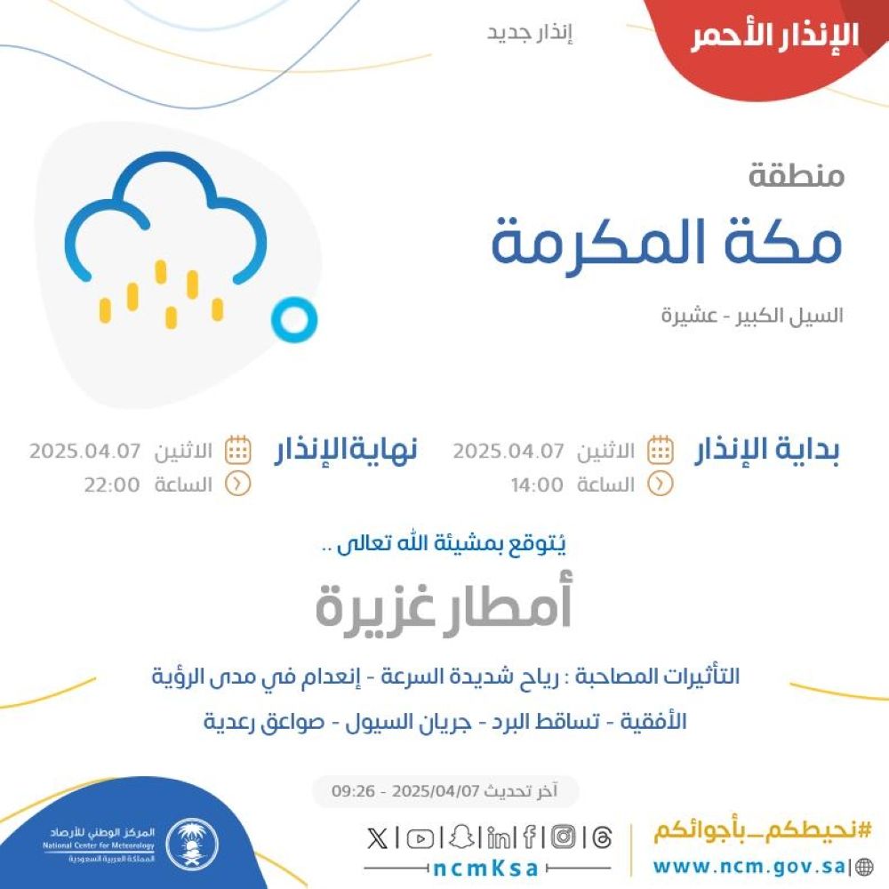 إنذار أحمر من أمطار غزيرة على مكة وعسير تستمر حتى العاشرة مساءً