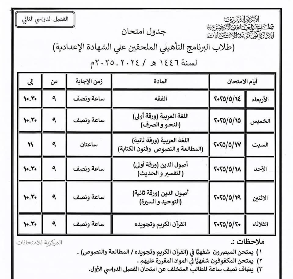 الجداول الصحيحة لامتحانات النقل والشهادتين الابتدائية والإعدادية الأزهرية