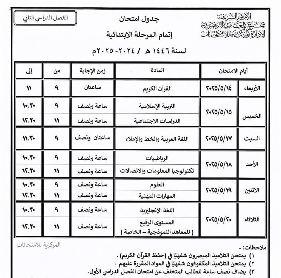 الجداول الصحيحة لامتحانات النقل والشهادتين الابتدائية والإعدادية الأزهرية