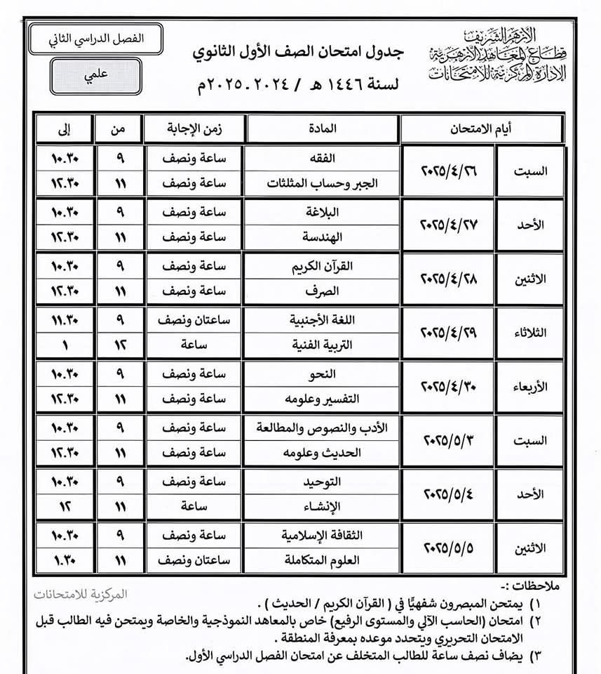 الجداول الصحيحة لامتحانات النقل والشهادتين الابتدائية والإعدادية الأزهرية