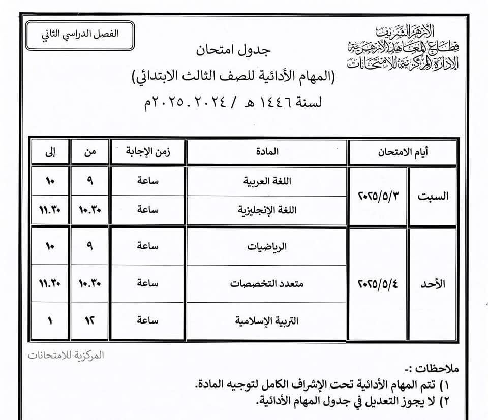 الجداول الصحيحة لامتحانات النقل والشهادتين الابتدائية والإعدادية الأزهرية