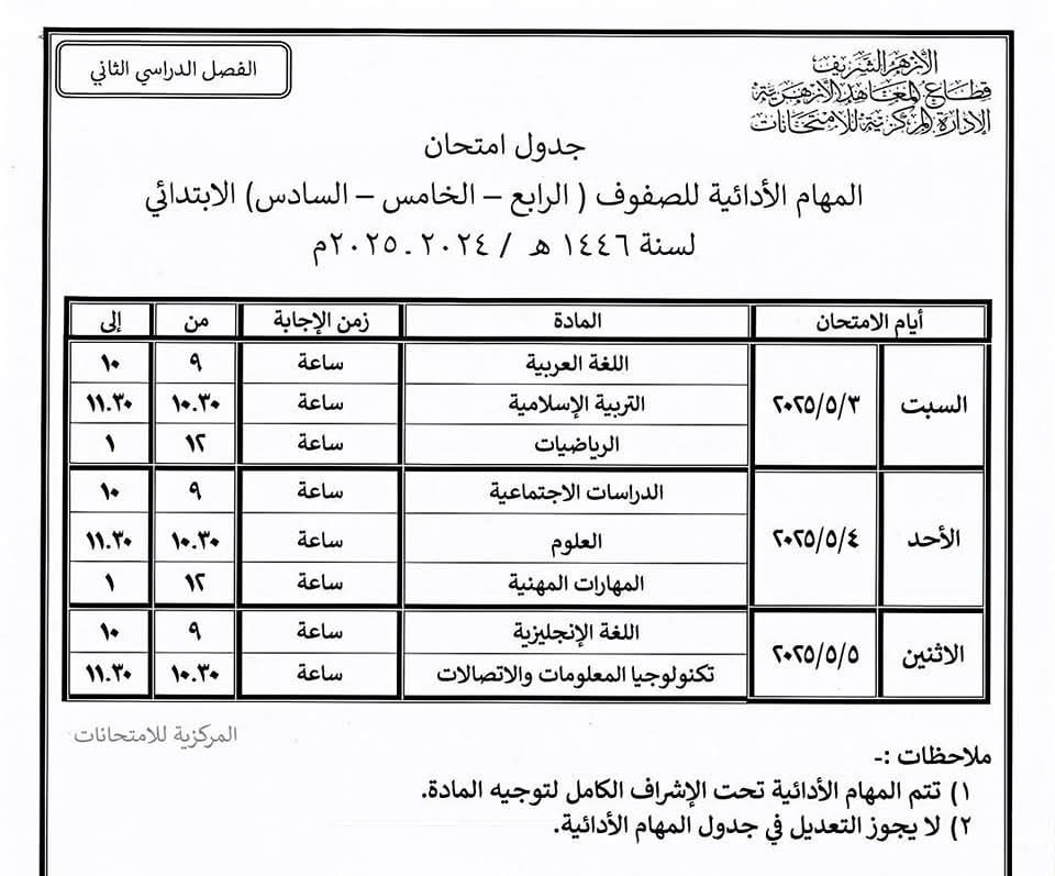 الجداول الصحيحة لامتحانات النقل والشهادتين الابتدائية والإعدادية الأزهرية