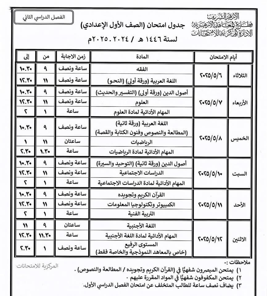 الجداول الصحيحة لامتحانات النقل والشهادتين الابتدائية والإعدادية الأزهرية