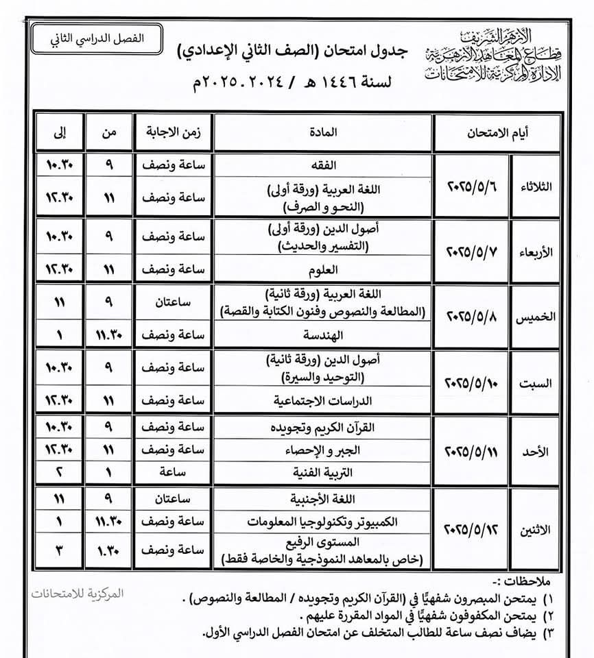 الجداول الصحيحة لامتحانات النقل والشهادتين الابتدائية والإعدادية الأزهرية
