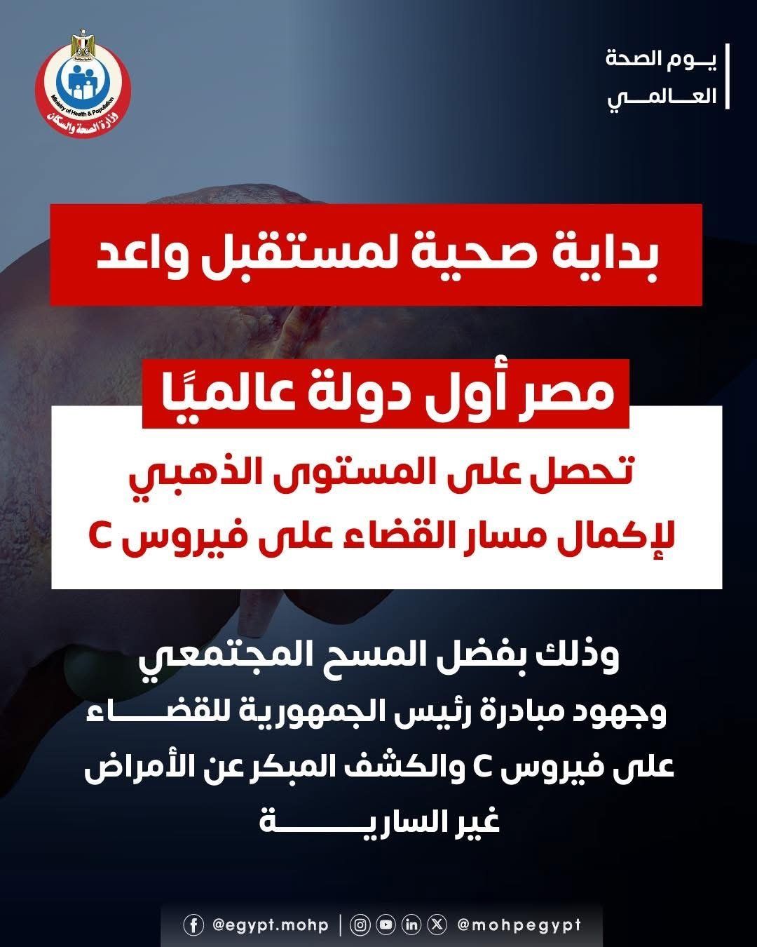 الصحة: مصر أول دولة عالميًا تحصل على المستوى الذهبى للقضاء على فيروس C