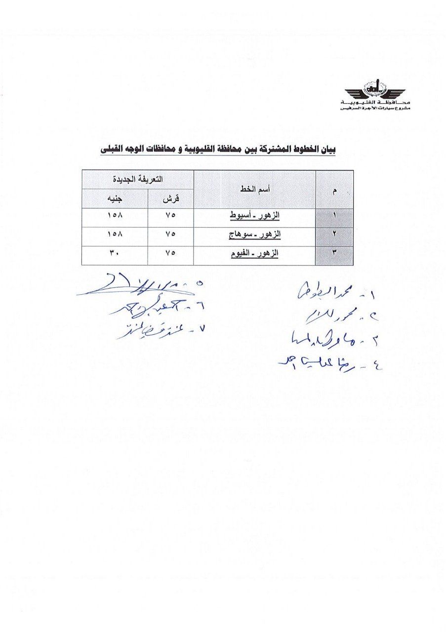 أسعار تعريفة الركوب الجديدة لسيارات الأجرة فى القليوبية