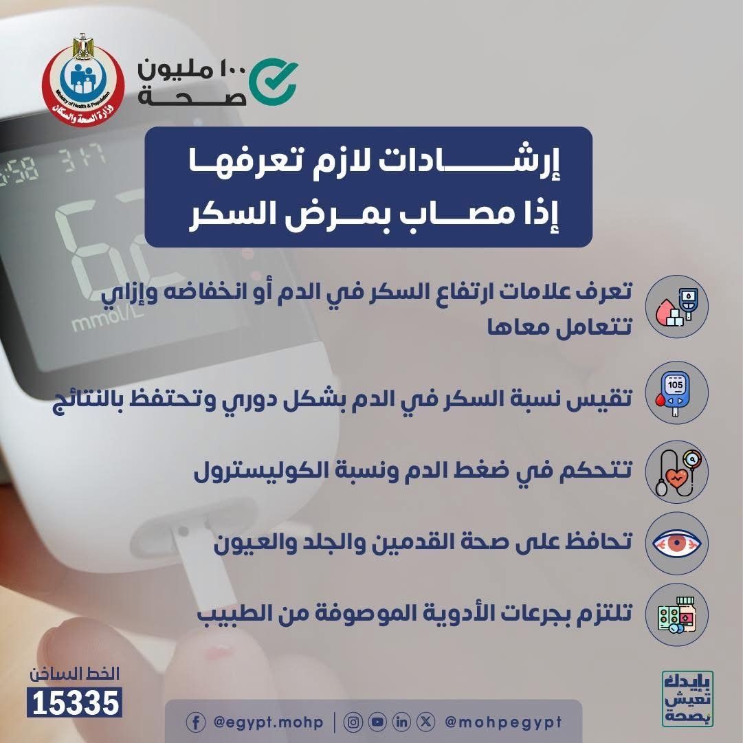 إنفوجراف.. وزارة الصحة توضح إرشادات هامة لمريض السكر.. تقاصيل