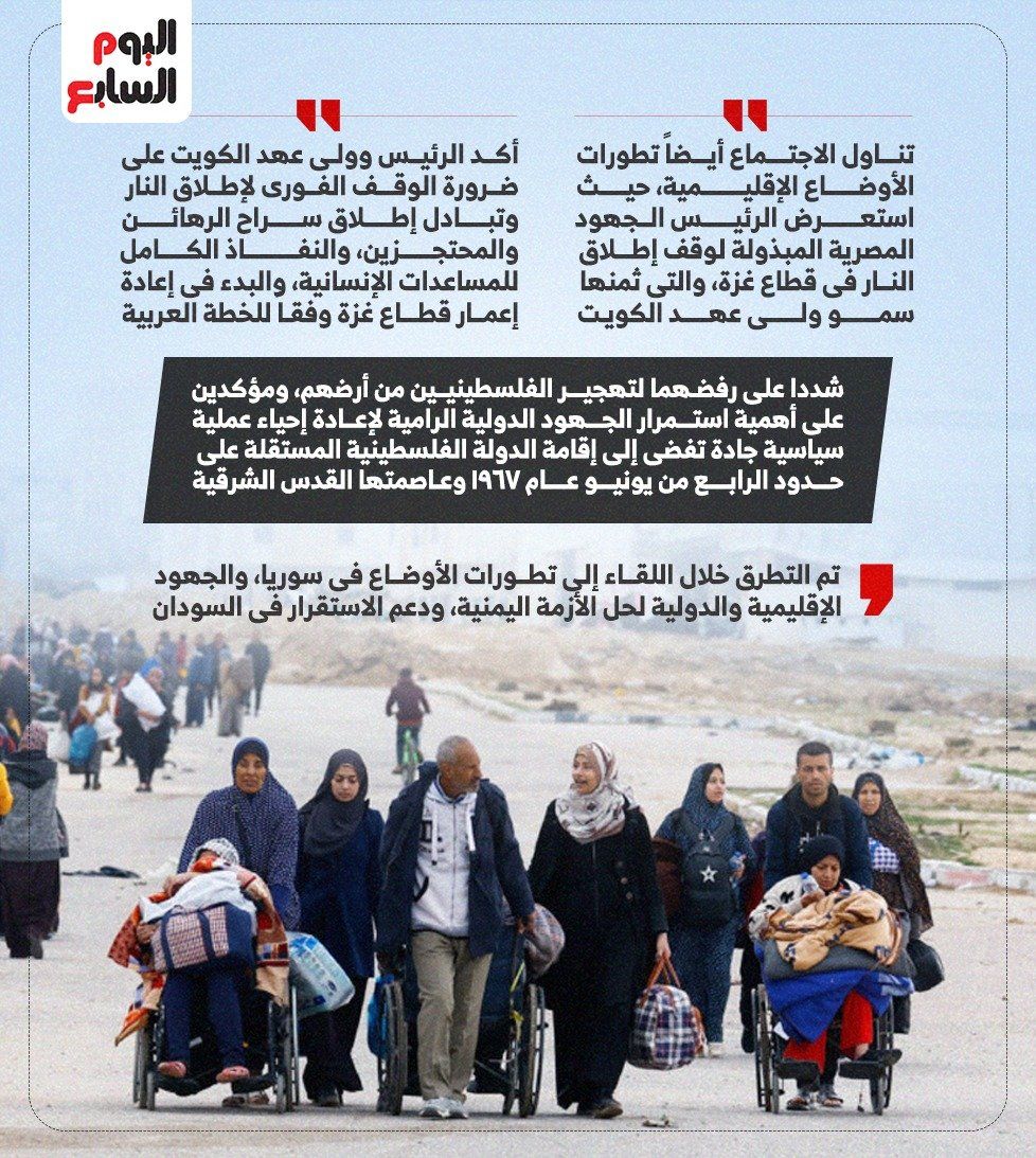 الرئيس السيسى وولى عهد الكويت يشددان على رفض تهجير الفلسطينيين.. إنفوجراف