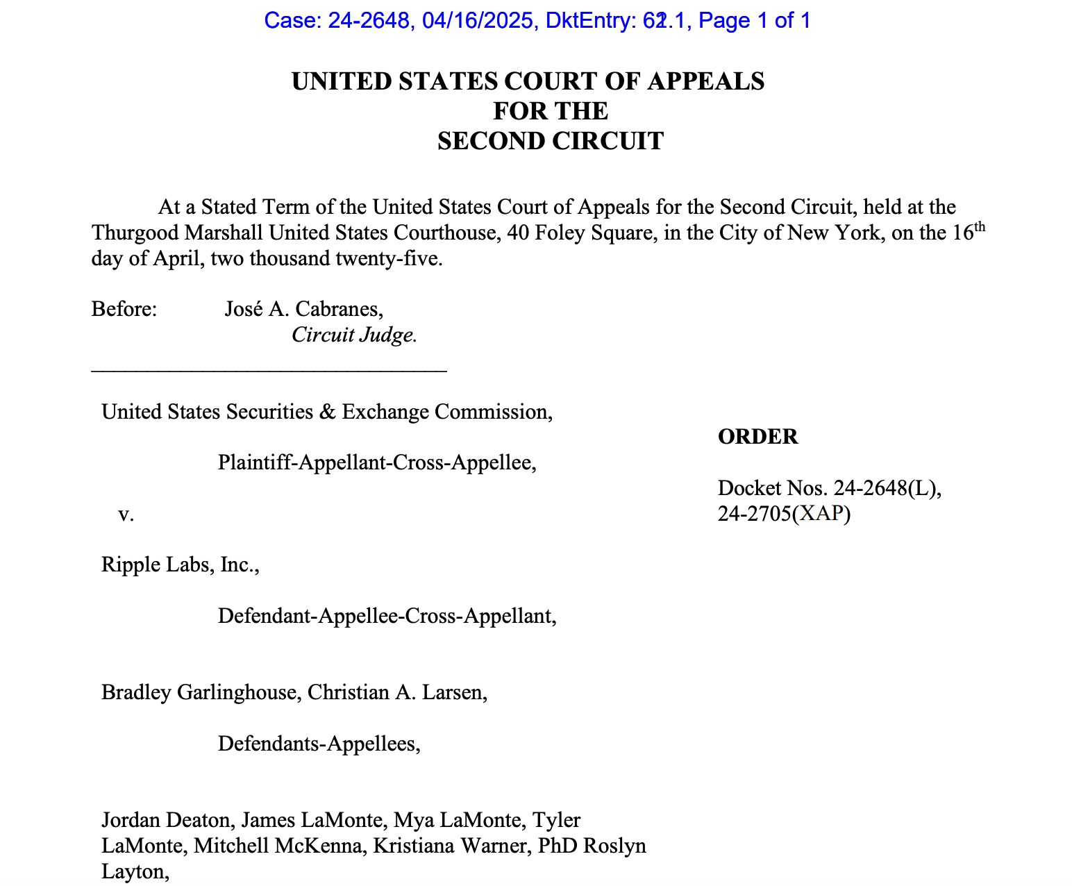 محكمة الاستئناف تُجمّد قضية هيئة الأوراق المالية وريبل لمدة 60 يوماً