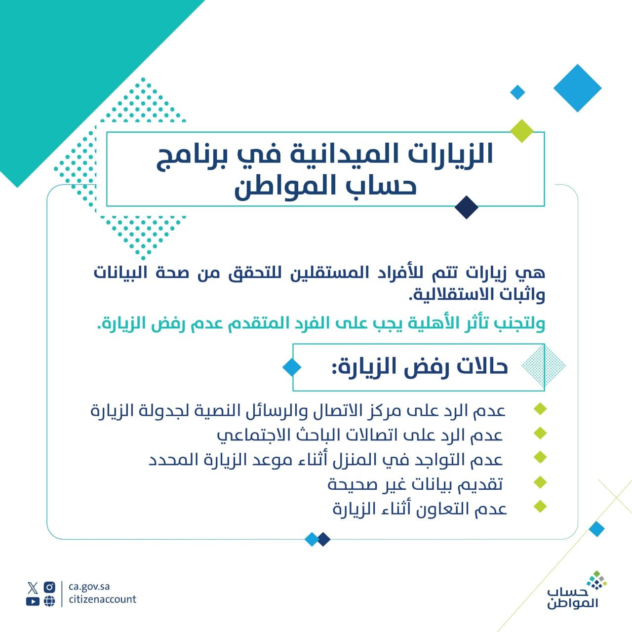 حساب المواطن: 5 حالات لرفض الزيارة الميدانية