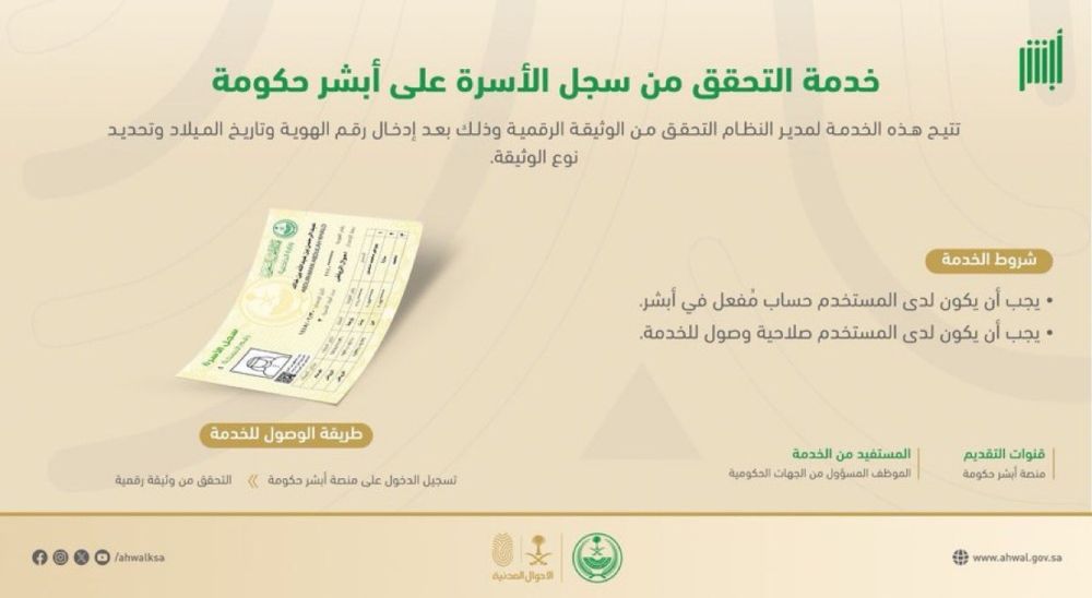 عبر أبشر في 5 خطوات.. خدمة التحقق من سجل الأسرة