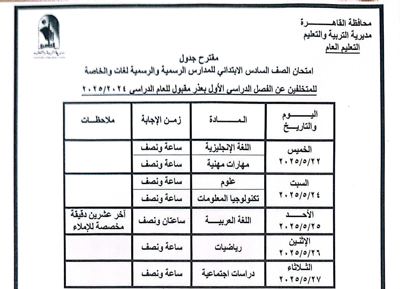 محافظ القاهرة يعتمد جدول امتحانات الفصل الدراسي الثانى.. اعرف المواعيد