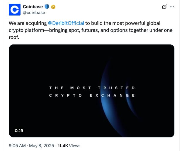 Coinbase تستحوذ على منصة المشتقات Deribit مقابل 2.9 مليار دولار لتوسيع حضورها العالمي