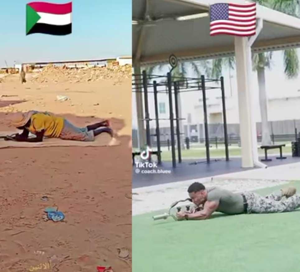 شاهد بالصورة والفيديو.. سوداني يقلد مهارات جندي أمريكي في “الإكروبات” بالكربون ومتابعون: (رغم فارق الإمكانيات والأماكن لكن زولنا خطير)