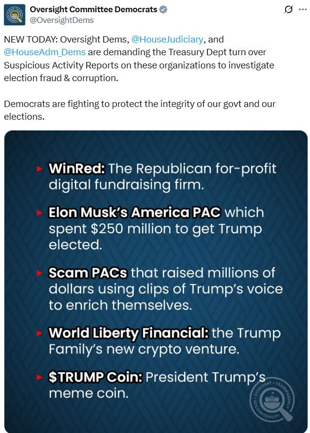 نواب ديمقراطيون يطالبون الخزانة الأمريكية بتقارير أنشطة مشبوهة حول مشاريع ترامب الكريبتوية