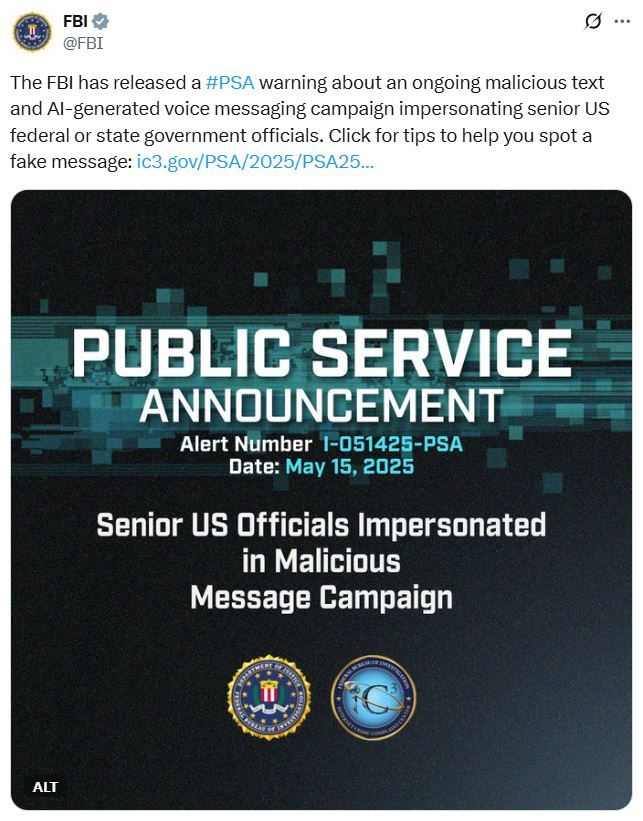 مكتب التحقيقات الفيدرالي: محتالو الذكاء الاصطناعي ينتحلون الآن صفة كبار المسؤولين الحكوميين الأمريكيين