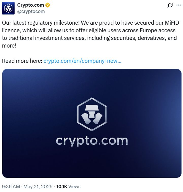 Crypto.com تحصل على ترخيص أوروبي لإطلاق منتجات مشتقات مالية بالعملات الرقمية