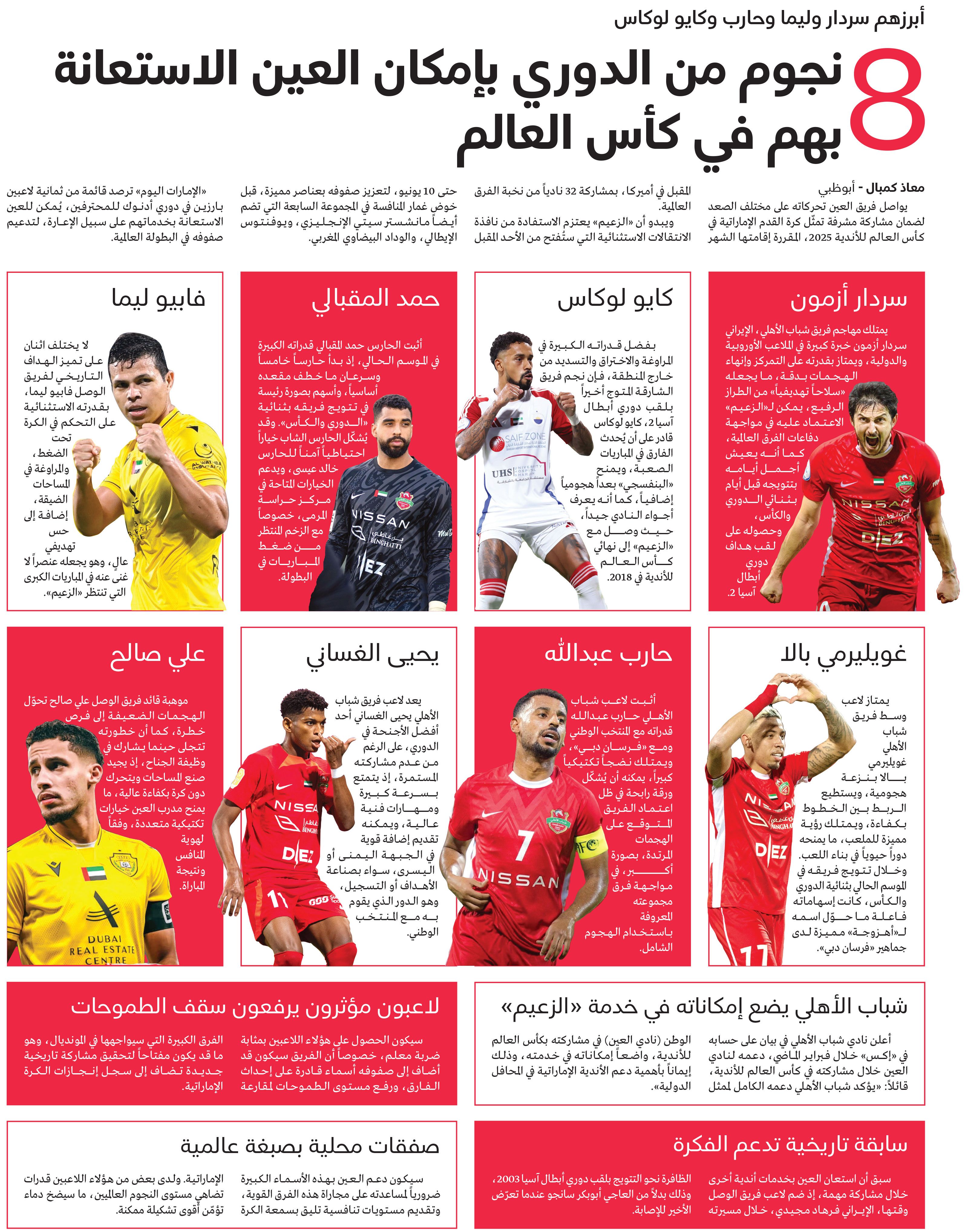 الامارات | 8 نجوم من الدوري بإمكان العين الاستعانة بهم في كأس العالم