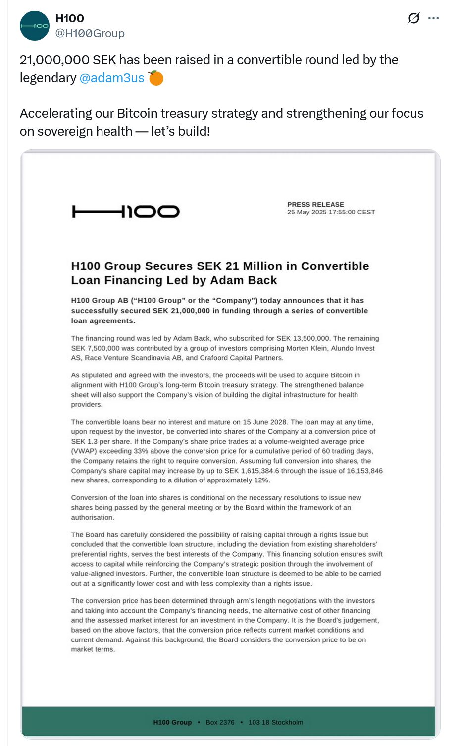 آدم باك يقود جولة تمويل بقيمة 2.2 مليون دولار لدعم مشتريات بتكوين لشركة صحية سويدية