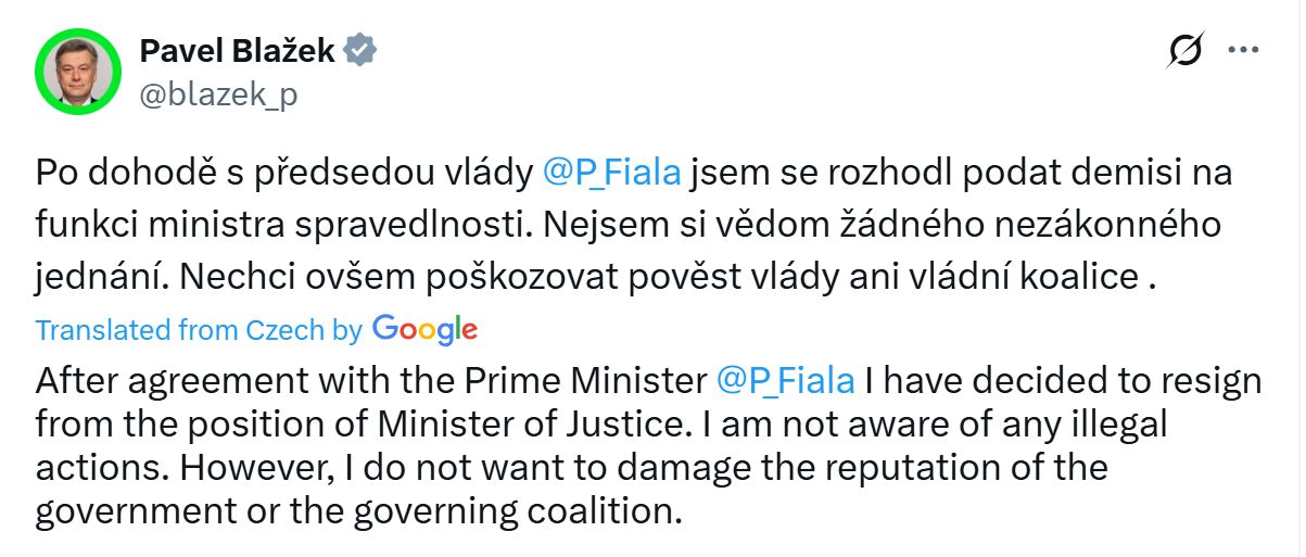 وزير العدل التشيكي يستقيل بعد فضيحة تبرع بيتكوين بقيمة 45 مليون دولار من مدان