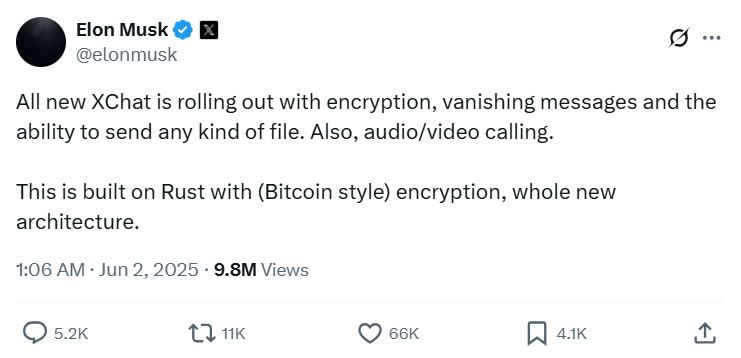 إيلون ماسك: ميزة الرسائل الجديدة XChat ستوفّر "تشفيرًا على طراز البيتكوين"