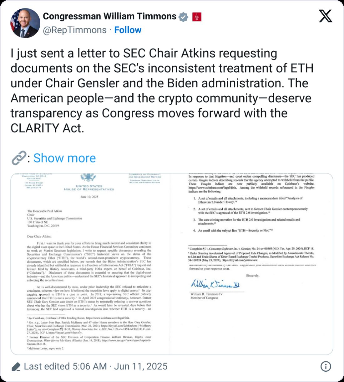 النائب تيمونز يطلب من SEC وثائق حول تعامل الهيئة السابق مع الإيثيريوم