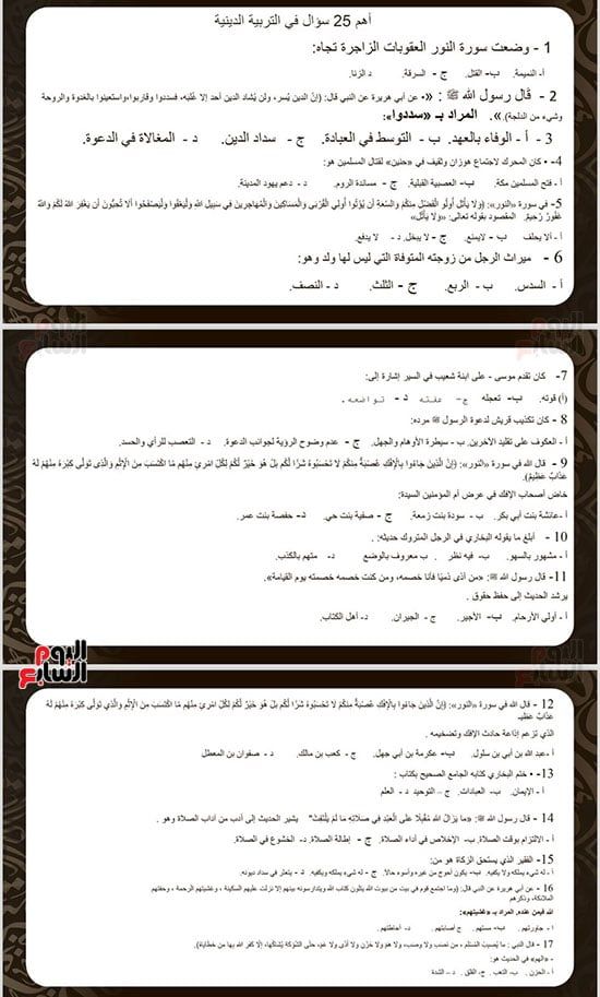 أهم 25 سؤالًا فى مادة التربية الدينية لطلاب الثانوية العامة.. صور