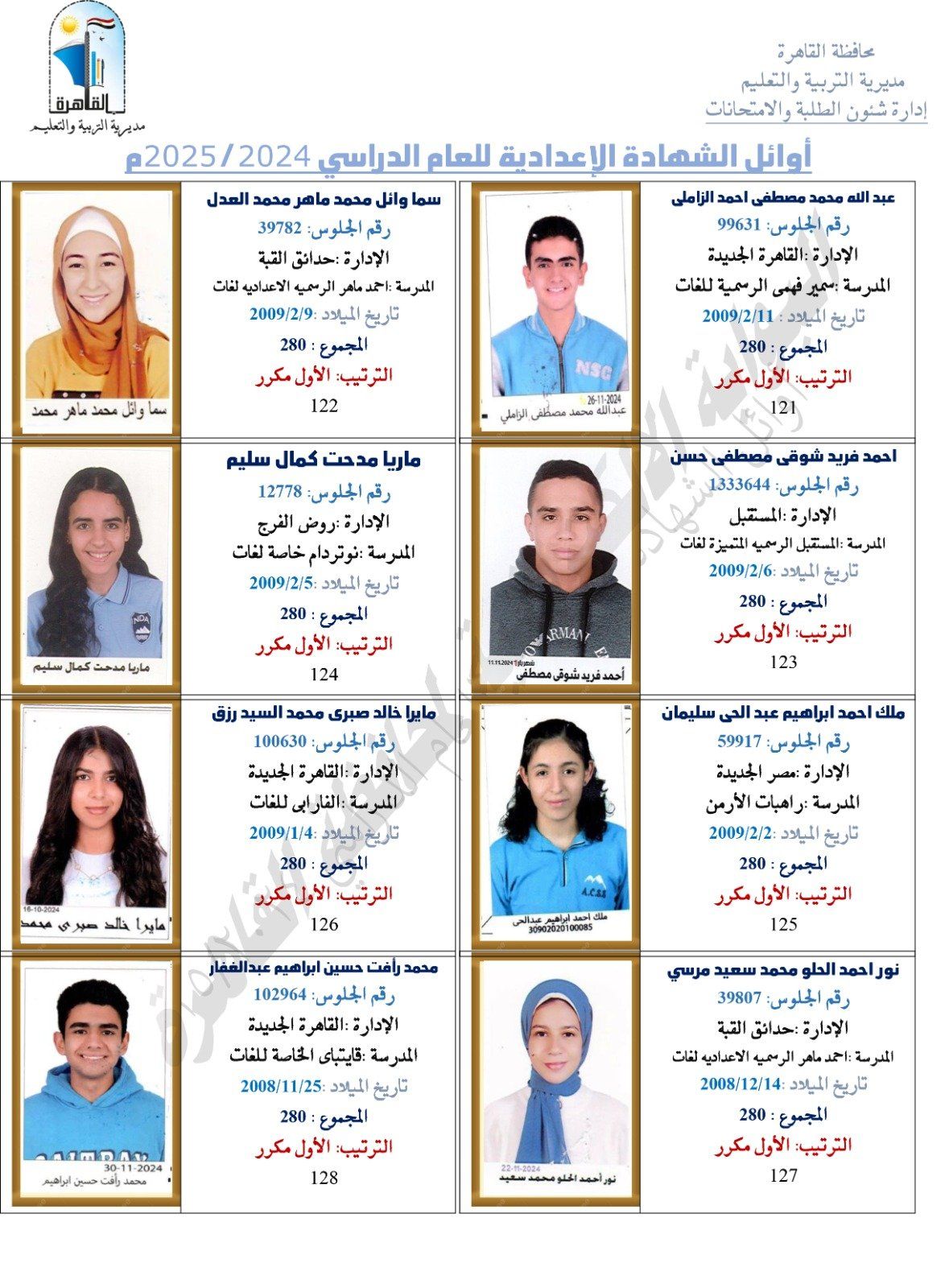 محمد أيمن ونظير ممدوح وجنى.. ننشر صور أوائل الشهادة الإعدادية بالقاهرة