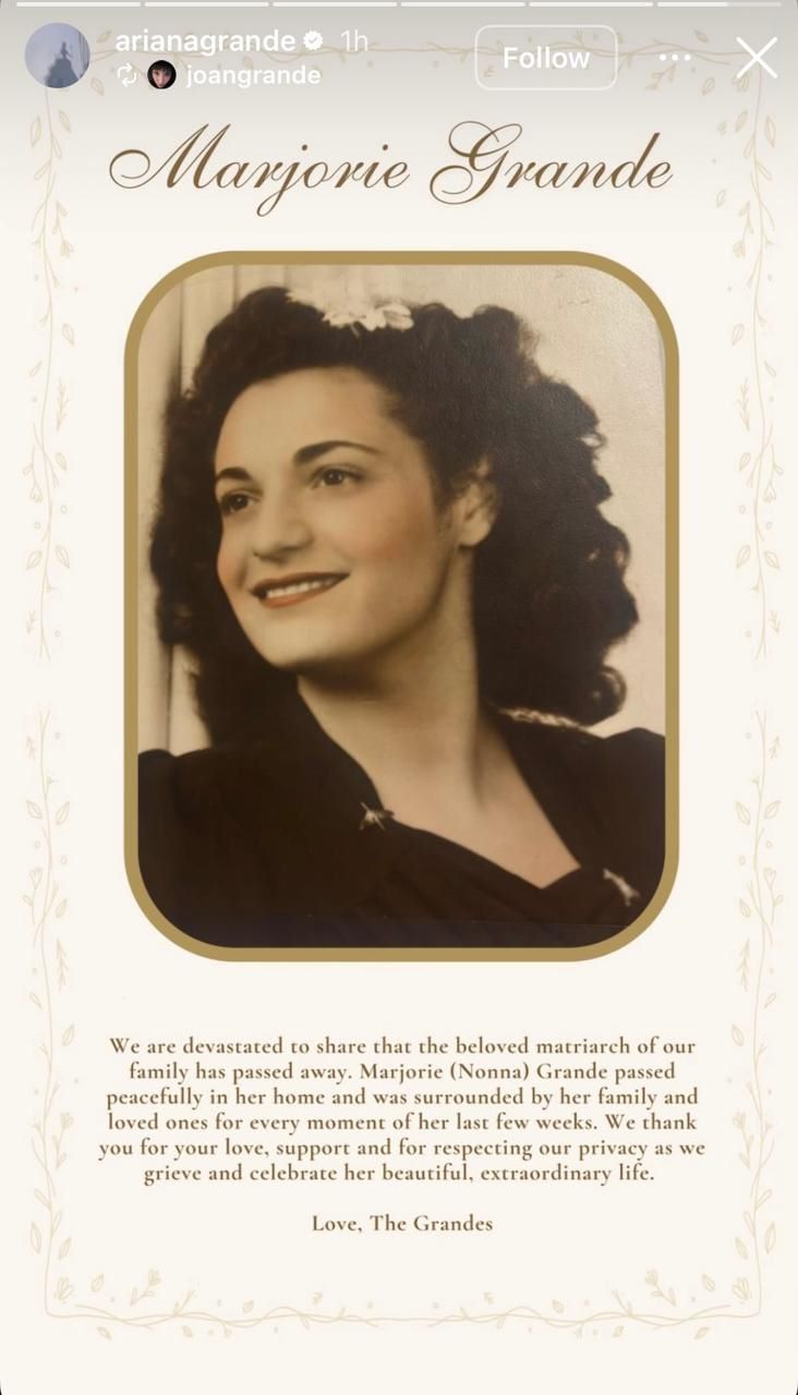 وفاة جدة أريانا غراندي عن عمرٍ يناهز 99 عاماً