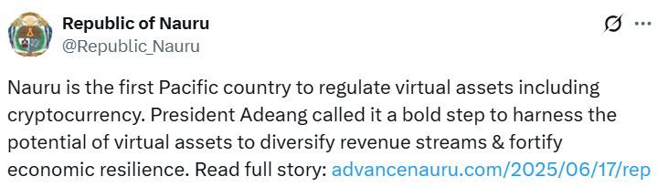 ناورو في المحيط الهادئ تُقر قانونًا لإنشاء هيئة تنظيمية للعملات المشفرة
