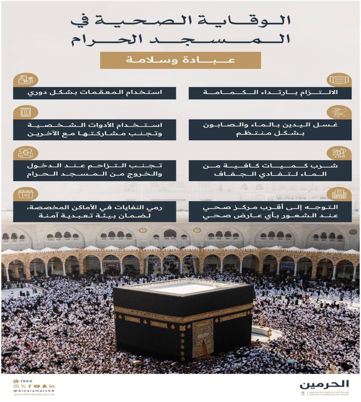 «العناية بالحرمين» تدعو قاصدي المسجد الحرام إلى الالتزام بالإرشادات الصحية للحفاظ على سلامتهم