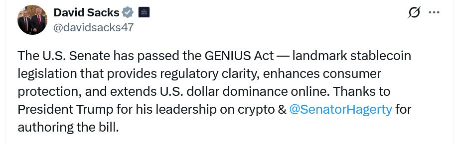 ترامب بشأن قانون GENIUS للعملات المستقرة: "أرسلوه إلى مكتبي فورًا"
