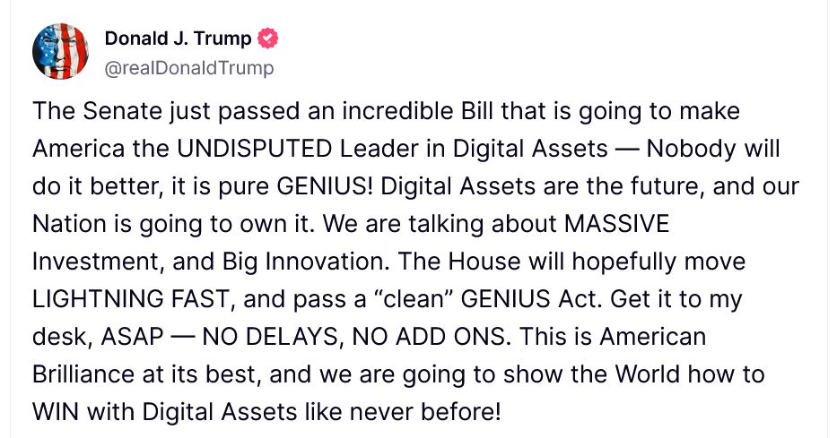 ترامب بشأن قانون GENIUS للعملات المستقرة: "أرسلوه إلى مكتبي فورًا"