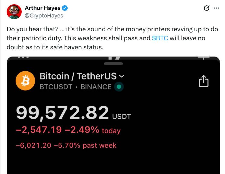 آرثر هايز: ضعف البيتكوين "سيمر" بعد تراجع السعر دون 100 ألف دولار 