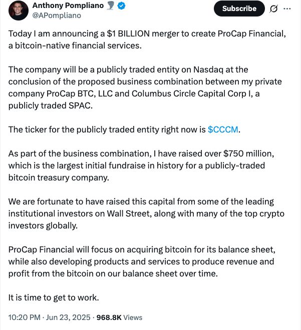 شركة العملات المشفرة التابعة لبومبليانو تجمع 750 مليون دولار للطرح العام عبر SPAC