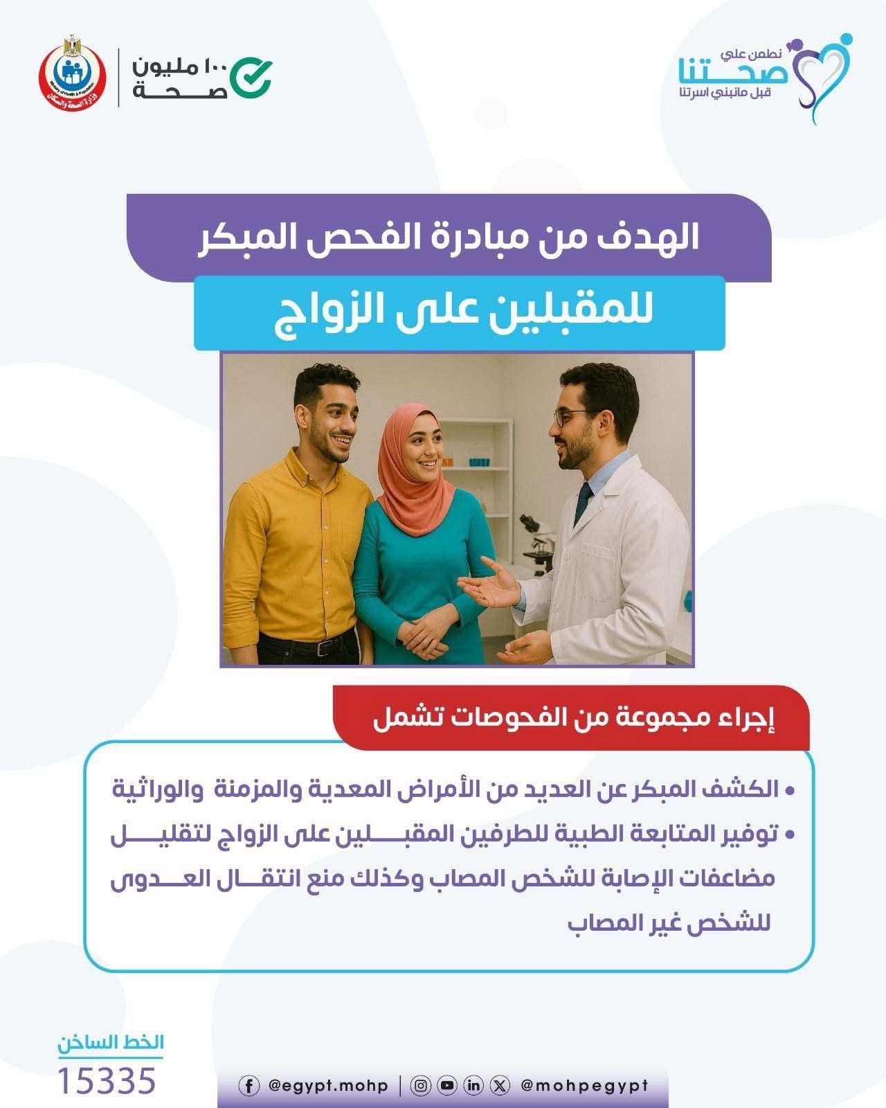 وزارة الصحة توضح أهداف مبادرة فحص المقبلين على الزواج.. انفوجراف