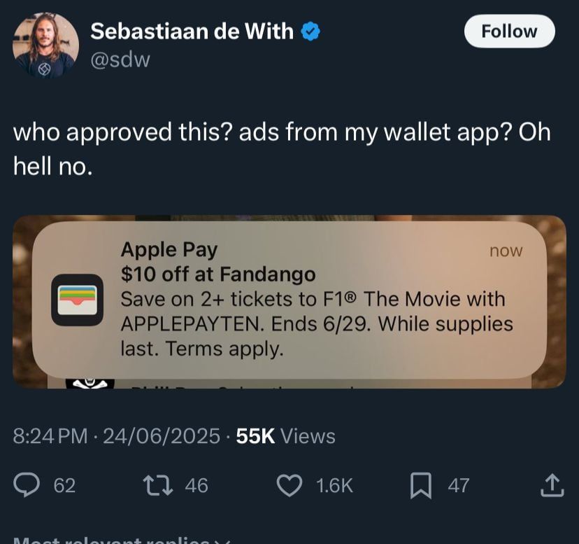 تكنولوجيا: غضب بين مستخدمى آيفون بسبب إعلان لفيلم F1 داخل تطبيق Apple Wallet
