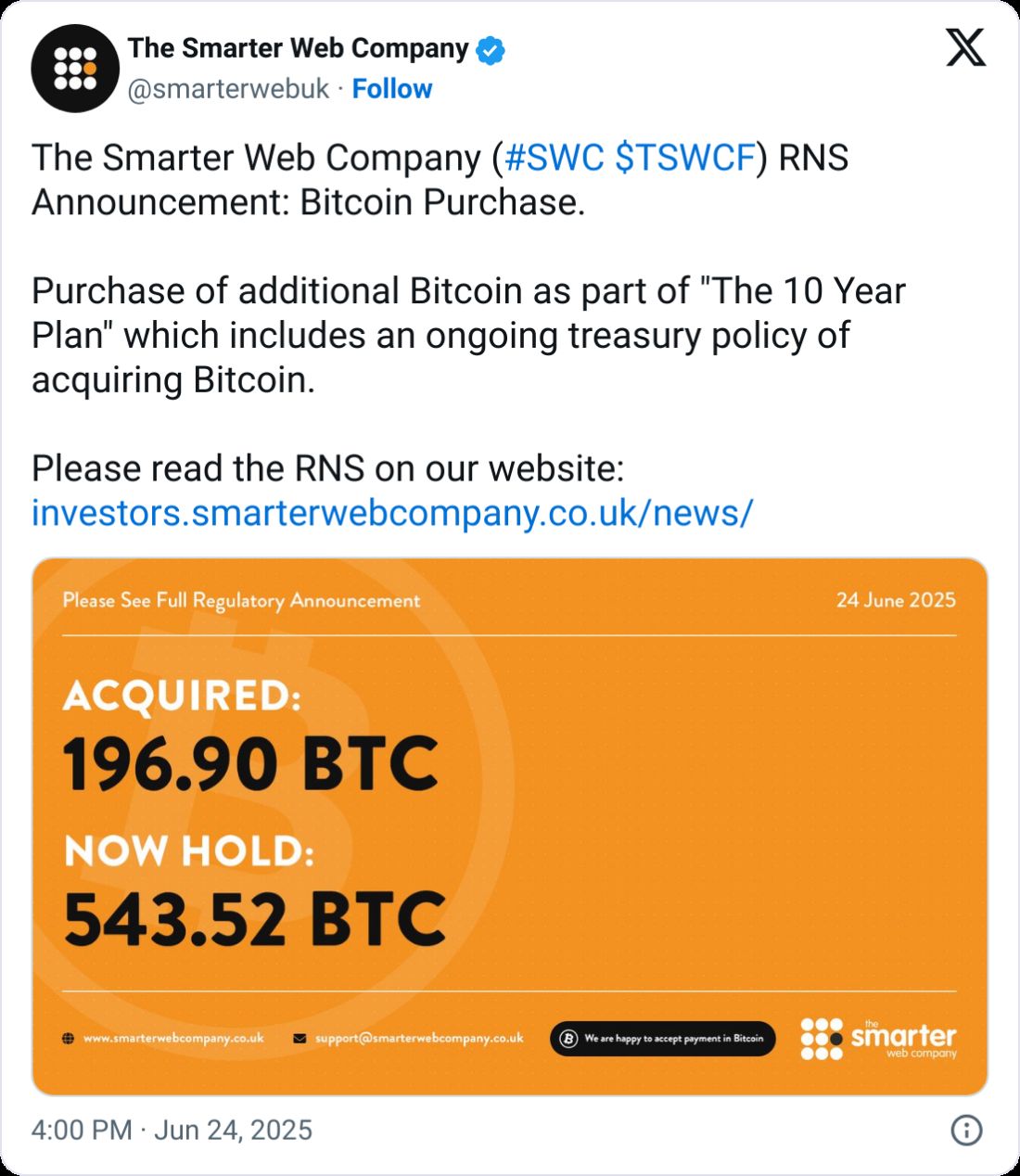 شركة The Smarter Web Company البريطانية تجمع 56 مليون دولار بعد أيام من شراء بيتكوين