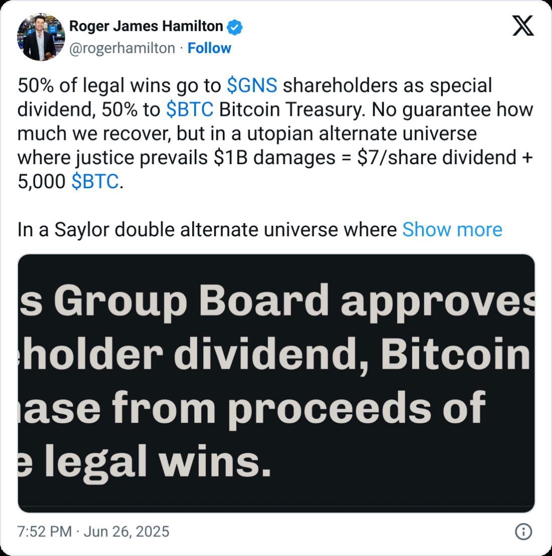 شركة Genius Group تخطط لشراء كميات ضخمة من البيتكوين من عوائد دعاوى قضائية بمليارات الدولارات