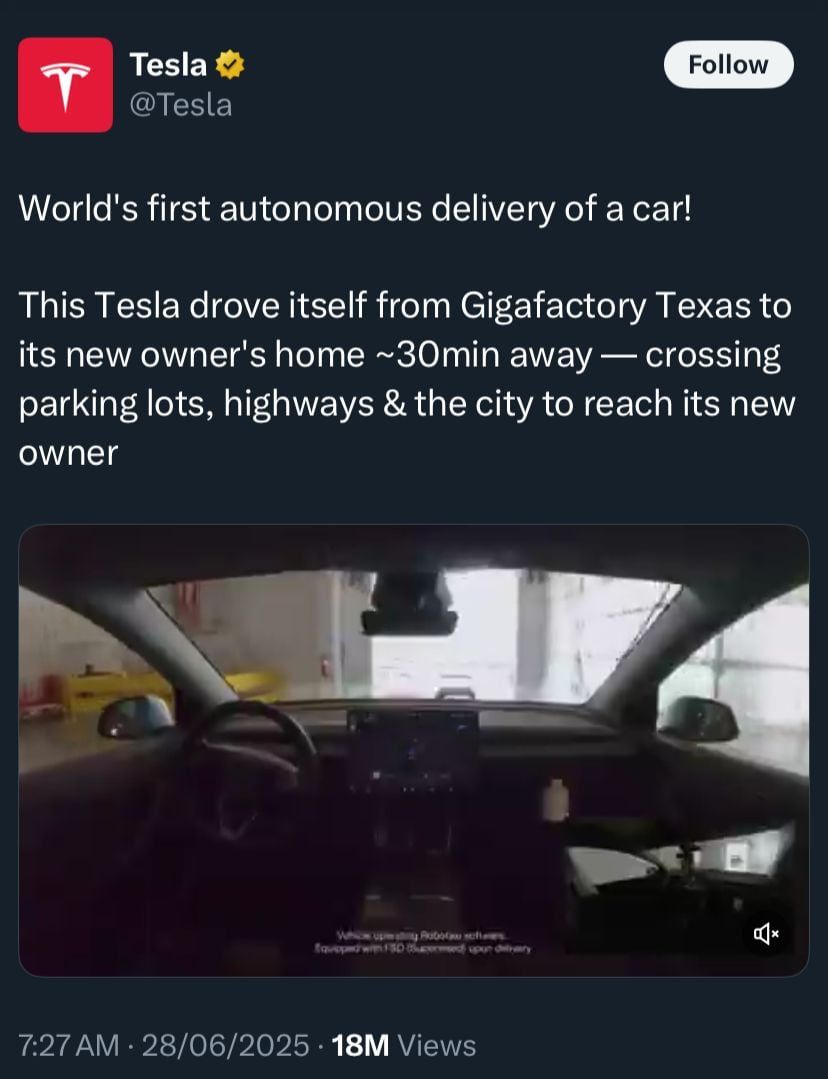 تكنولوجيا: تسلا تستعرض أول عملية تسليم ذاتي بالكامل لإثبات كفاءة سياراتها ذاتية القيادة