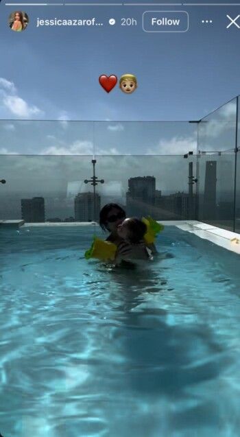 جيسيكا عازار تطل من مسبح منزلها الفخم.. وحركات ابنها تلفت الأنظار