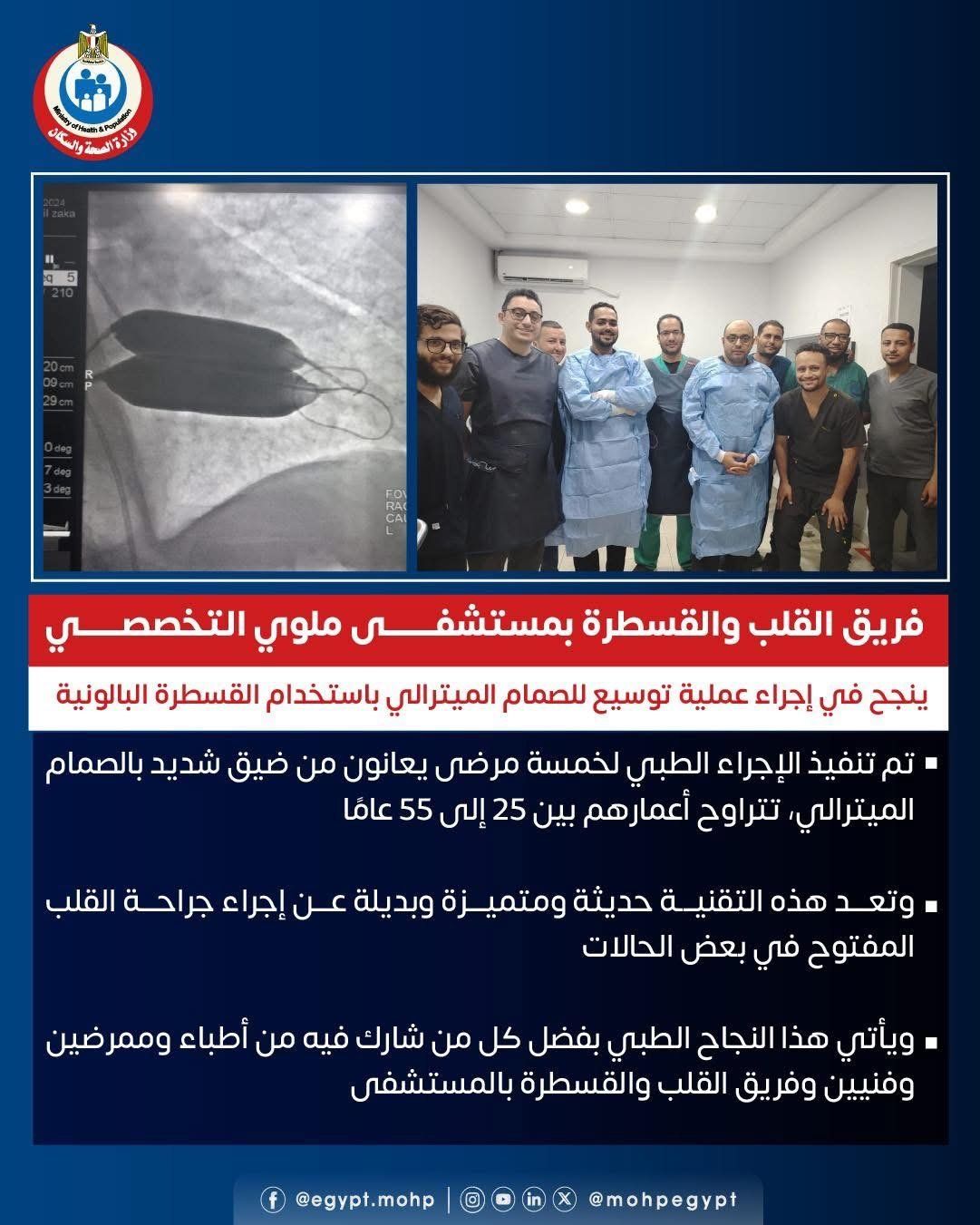 وزارة الصحة: فريق طبى بمستشفى ملوى ينجح فى إجراء عملية توسيع للصمام الميترالى