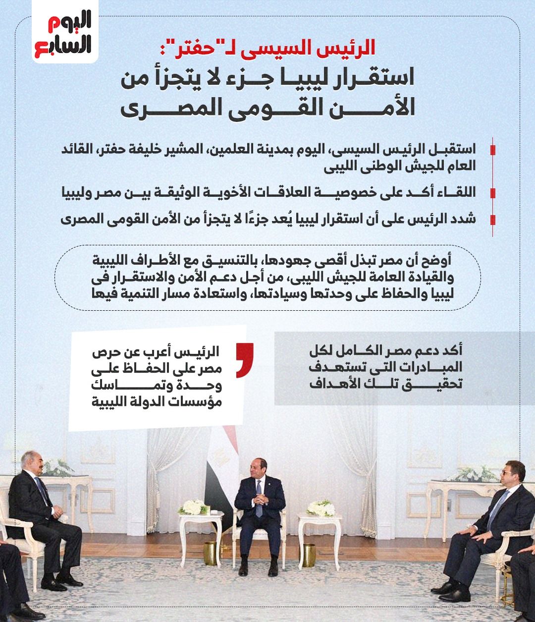 الرئيس السيسى لـ"حفتر": استقرار ليبيا جزء لا يتجزأ من الأمن القومى المصرى (إنفوجراف)